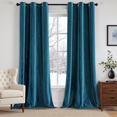 Imagem de ANRODUO Cortinas de veludo azul pavão 96 polegadas de comprimento, blecaute, isolamento térmico, à prova de som, cortinas de escurecimento de quarto, cortinas de janela com ilhós para quarto, sala de