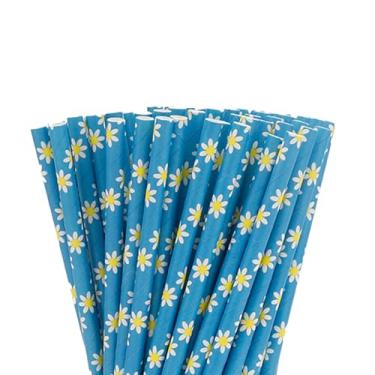 Imagem de NIEITRK 100 peças de palha de papel biodegradável azul com padrão de margarida, canudos de festa de flores para aniversário, casamento, chá de panela, decorações de coquetel e suco, suprimentos de