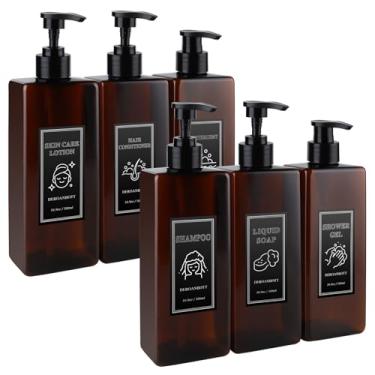 Imagem de DEROANBOTT Conjunto de dispensador de gel de banho, frascos de xampu de plástico reutilizáveis com etiquetas à prova d'água, 500 ml, pacote com 6 (cor de chá)