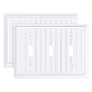 Imagem de Pacote com 2 placas clássicas para interruptores de luz triplos, placas decorativas de fibra de bambu natural durável, branco puro, placa de parede de 3 grupos, resistente à corrosão