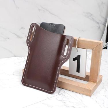 Imagem de Bolsa de cintura para celular, serve para telefones de 5 a 7,5 polegadas, coldre de couro PU para cinto, iPhone Samsung, trabalho e uso externo (marrom vertical)
