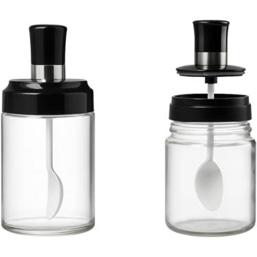 Imagem de Kit 2 Potes de Vidro para Condimentos 260ml com Colher Integrada e Tampa Preta – Porta Temperos, Açucareiro e Saleiro Moderno
