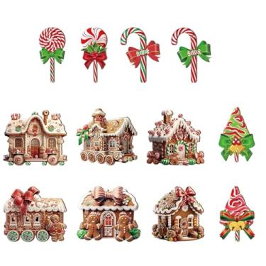 Imagem de 12 peças sortidas de enfeites de Natal para pendurar em casa de gengibre – Decorações festivas com bengala doce, desenhos de casa de pirulito e gengibre para árvore de Natal, enfeite plano 2D