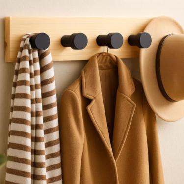 Imagem de Cabideiro de Parede em Madeira Natural 50x10 com Detalhes em Preto Fosco | Estilo Industrial Minimalista | Instalação Sem Furo com Fita Dupla Face | Pronto para Uso | by Ateliê TH Wood Art