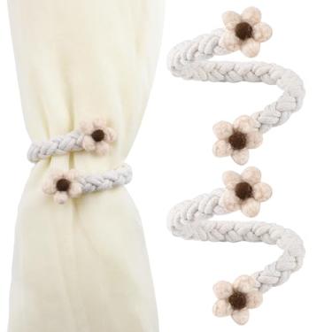 Imagem de UFURMATE Laço de cortina de flores, 2 peças, laços de corda drapeados à mão, estilo boho, suportes de cortina dobráveis DIY para decoração (branco claro)