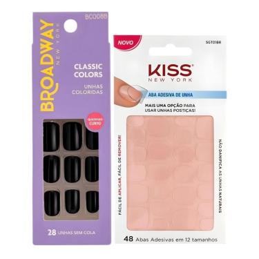 Imagem de Kit Kiss New York: Unhas Postiças Quadrado Curto Matcha e Abas Adesivas Unhas