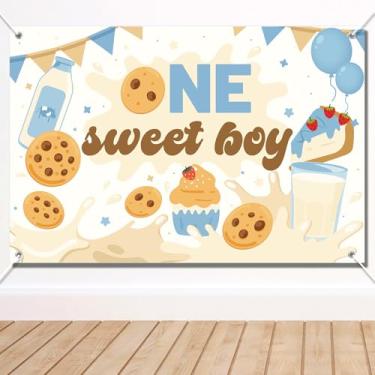 Imagem de Painel de Fundo para Aniversário Um Doce Menino, 152x100cm Divertido Decorações 1º Aniversário com Leite e Bolachas Impressas Banner de Festa para Comemoração 1 Ano
