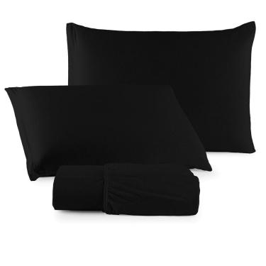 Imagem de Jogo De Lençol Minimal Casal 3 Peças Malha 100% Algodão Liso Preto