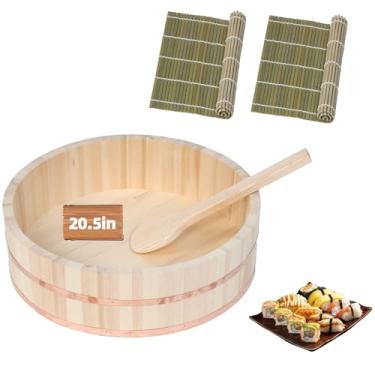 Imagem de LEQC Conjunto profissional de banheira de mistura de arroz Hangiri japonês Hangiri – Tigela de madeira com raquete e makisu, kit autêntico de fabricação de sushi para casa e restaurante (4 tamanhos