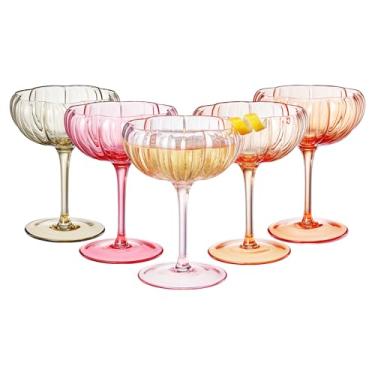 Imagem de Khen Cupês de vidro ondulado vintage floral Martini, champanhe e cupês de coquetel - Conjunto de copos de coquetel coloridos de 142-200 ml e champanhe, Prosecco, Mimosa Glassware Design de direitos