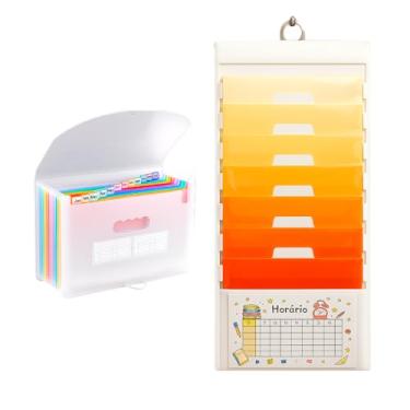Imagem de Kit Pasta Sanfonada A4 com 12 Divisórias + Organizador de Documentos Pendurável 6 Bolsos Removíveis, Expandível, 36x88 cm, Arquivos, Escritório, Escola, Casa e Organização (Transparente e Laranja)