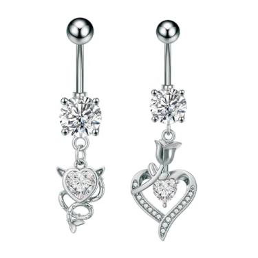 Imagem de Niaspi 2 peças de anéis de umbigo de coração de cristal para mulheres de aço inoxidável pendurados em zircônia cúbica rosa floral anéis de barra de umbigo com rosca interna, 14g, Aço inoxidável
