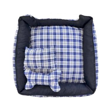 Imagem de Cama Pet Gigante, Quadrada, Tricoline 100% Algodão, Impermeável, 100x100x20cm, com Almofada e Almofada Ossinho, Para Animais de Estimação (Cookie Xadrez Azul)