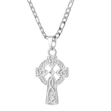 Imagem de yipima Colar com pingente de cruz celta banhado a ouro branco 14K para mulheres e homens, pingente de crucifixo viking religioso, joia minimalista com nó da trindade irlandesa, chain length:18", Cobre