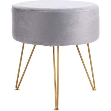 Imagem de SENNIAN Banqueta para pés de veludo redonda pufe otomano banquinho para penteadeira de metal com pernas removíveis, cadeira de linho para decoração de casa