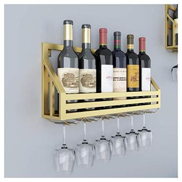 Imagem de Rack de vinho suspenso montado na parede, suporte de garrafa de vinho e vidro de metal, comporta 6 garrafas, 6 copos, prateleira de vinho para bar/cozinha/armários, suporte de garrafa de vinho/ouro