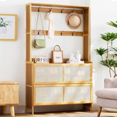 Imagem de Organizador de sapatos de entrada com porta dobrável, guarda-roupa de vime de bambu com cabide, armário de armazenamento de sapatos para 16 a 20 pares, economiza espaço, fácil de montar, para