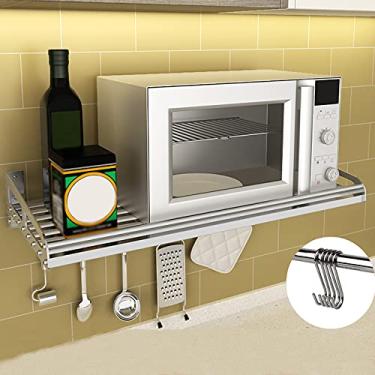 Imagem de Suporte de parede para forno de micro-ondas, prateleira de parede de aço inoxidável para cozinha, com 5 ganchos para armazenamento de mesa de cozinha, economize espaço, para micro-ondas, forno, forno