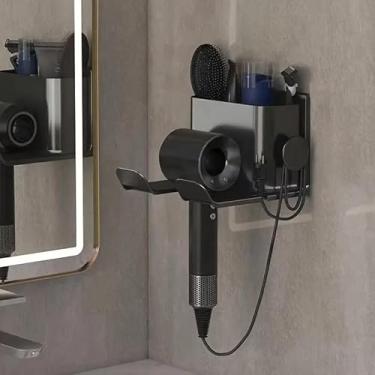 Imagem de 1 suporte de secador de cabelo com gancho de plugue, suporte de parede sem perfuração, organizador de ferramentas de estilo para fácil acesso e conveniência - preto