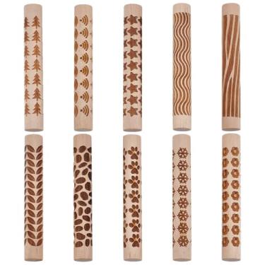 Imagem de HOBBIESAY Rolo de textura de argila de madeira, 10 peças, rolo de modelagem, rolo de argila em relevo, carimbo de cerâmica, argilas, fabricação de joias, rolo de textura de argila de polímero de