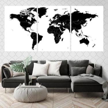 Imagem de Kit 3 Quadros Mapa Mundi Preto 45X34Cm Vidro Moldura Branca - Quadros 