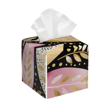 Imagem de Suporte quadrado de couro para caixa de lenços impermeável primavera retrô flor de penas organizador de papel facial com cinto inferior cubo estojo de lenços para mesa, banheiro, escritório, mesa