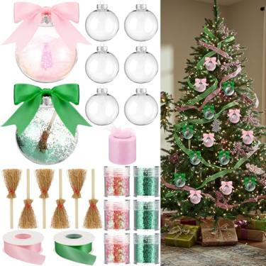 Imagem de Sosation Conjunto de 12 enfeites de Natal de bruxa, decorações de festa de bruxa com fita verde rosa em miniatura, bolas transparentes preenchíveis de Natal, rolo de malha com glitter para decoração
