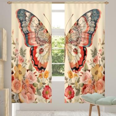Imagem de 2 conjuntos de painéis de cortinas transparentes de peônia vintage borboleta, cortinas transparentes arejadas com filtro leve, painéis de cortina de porta e janela para sala de estar, quarto, jantar