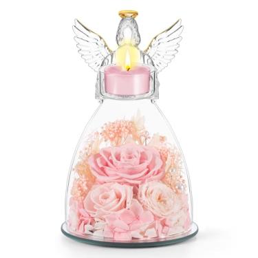 Imagem de AIMEYE Presentes de rosas de Natal para mãe, flores reais preservadas, rosas em vidro, estatuetas de anjo com suporte de vela Tealight, para avó, mulheres, mãe, esposa, sogra/rosa