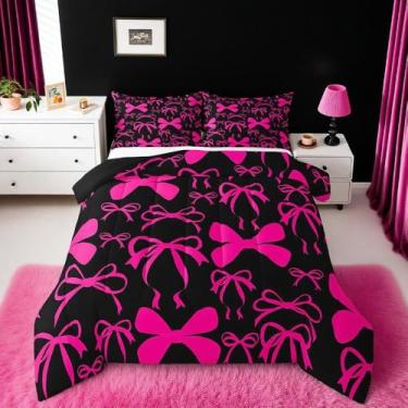 Imagem de Feelyou Jogo de cama com laço fofo, tamanho Queen, para crianças, mulheres, homens, ultramacio, rosa, meninas, conjunto de edredom kawaii, decoração de quarto, adorável conjunto de colcha