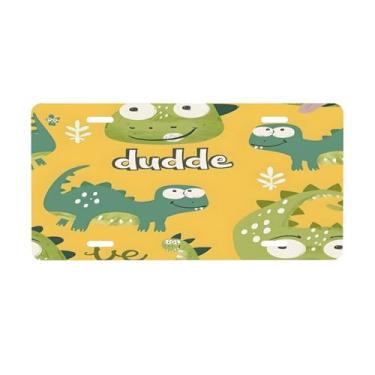 Imagem de Dinossauro Cute Dudde Placa de Licença Engraçada para Frente do Carro Placas de Carro Alumínio Metal Adequado para Caminhão Placa de Porta de Carro Bar Café Auto Acessórios para Homens Mulheres 15 x