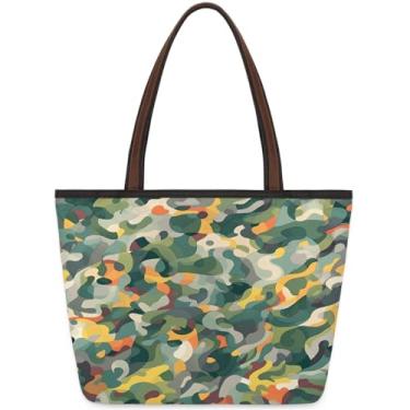 Imagem de Bolsa grande feminina camuflada, verde, amarela, tecido de trabalho, com zíper, reutilizável, bolsa de mão, casual, para viagem, trabalho, férias, praia, compras, academia, presentes