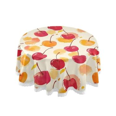 Imagem de SEHANY Toalha de mesa redonda em aquarela cereja 152 cm, tecido lavável sem rugas, toalha de mesa redonda com renda decorativa para restaurante, casamento, acampamento, festa de cinco de maio