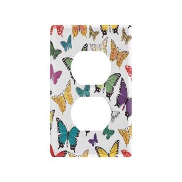 Imagem de Blueangle Placa de parede de tomada dupla de borboletas coloridas, tamanho padrão, placas de cobertura de tomada elétrica de 1 gangue para decoração de quarto de escritório em casa, 4,53 x 2,76