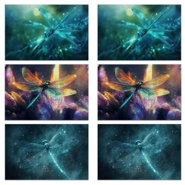 Imagem de Jogo americano fantasia libélula verde conjunto de 6, linho fofo lavável para o Natal, Ação de Graças, festa e jantar diário, tapetes de mesa decorativos para mesa de 4 a 6 pessoas