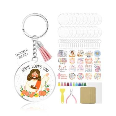 Imagem de AceList Kit de chaveiro de acrílico com 140 peças, kit de fabricação de chaveiro com glitter com adesivos UV DTF inspirados na fé cristã, conjunto de artesanato de Jesus DIY para presente de Natal