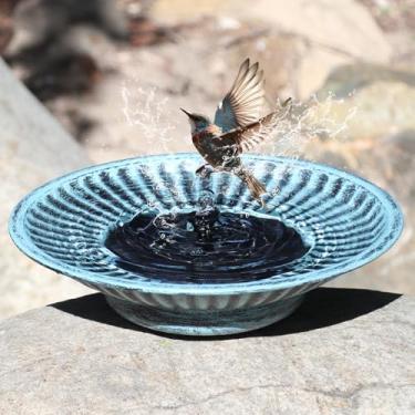 Imagem de AIHAOKAN Fonte solar de banho para pássaros de 31,2 cm para uso externo, fontes solares de metal para pássaros, borbulhador de banho de pássaros para decoração de pátio de jardim - azul