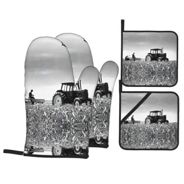Imagem de Tractor Agriculture Tranquil - Conjunto de luvas de cozinha estampadas com suportes de tampa, luvas de forno resistentes ao calor para manusear panelas quentes, grelhar, churrascos, kit de 4 peças.