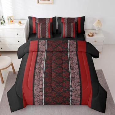 Imagem de jejeloiu Jogo de cama adulto clássico jacquard 7 peças, estampa de damasco, conjunto de edredom com lençol para meninos e meninas, preto e vermelho listrado, conjunto de cama barroca