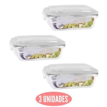 Imagem de Kit 3 Potes de Vidro 4 Travas 1040ml Marmita Fit Tampa Plast - Vari tu
