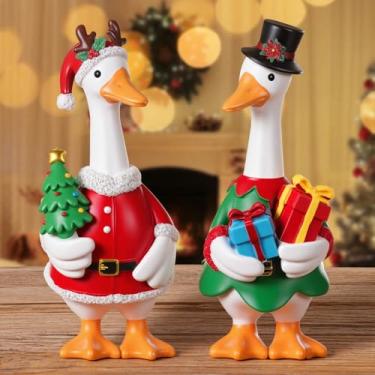 Imagem de Thyle 2 peças de estatuetas de ganso de mesa de Natal de resina de Natal para mesa de trabalho com roupa de Papai Noel, presentes de inauguração de casa para colegas de trabalho, professores