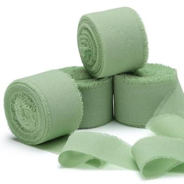 Imagem de EUSOAR Fita de chiffon verde, 4 rolos de 2,5 cm x 5,5 jardas cada fita de cetim com franja, fitas de seda feitas à mão para artesanato, embrulho de presente, casamento, faça você mesmo, convites de