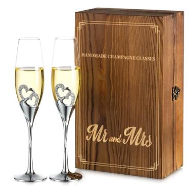 Imagem de Nuptio Copas champanhe casamentos: Copas de champanhe personalizadas com caixa de presente de madeira, conjunto de 2 copos de cristal prosecco, conjunto de prata presente noivado Brindis aniversário festa despedida de solteira
