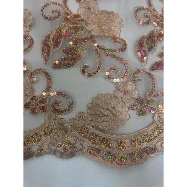 Imagem de Sedona Designz Tecido de renda floral Queen com cordão de 48/127 cm de largura com lantejoulas – Tecido bordado de malha com bordas recortadas para formatura, vestidos de noiva, decoração e projetos