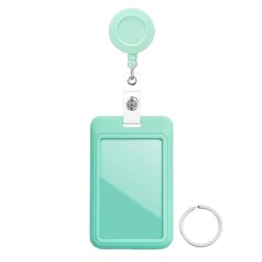 Imagem de Carretel de crachá retrátil com porta-crachá de identificação deslizante de cor lisa, chaveiro, suporte de crachá de plástico rígido para escritório, identificação escolar, crédito, cartão de