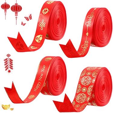 Imagem de 4 rolos de fita de cetim de ano novo chinês fita decorativa de feliz ano novo com nó chinês padrões de bênção para laços de cabelo, cordões de embrulho para decoração de festa, artesanato de costura, 9 metros cada rolo