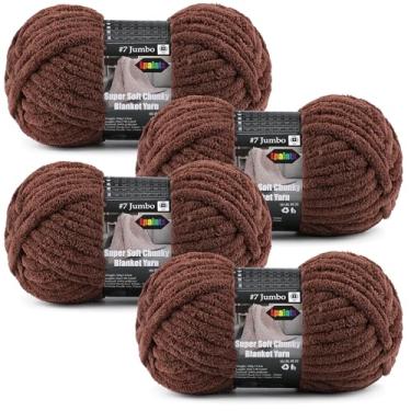 Imagem de Fio grosso para cobertores de crochê, pacote com 4 fios de chenille jumbo, peso total de 400 g, 152,8 metros, fio macio super volumoso, fácil de usar para projetos de tricô e crochê, marrom espresso