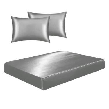 Imagem de Jogo De Lençol Casal Queen Cetim Seda Cinza Brilho 3 Peças - Confecçõe
