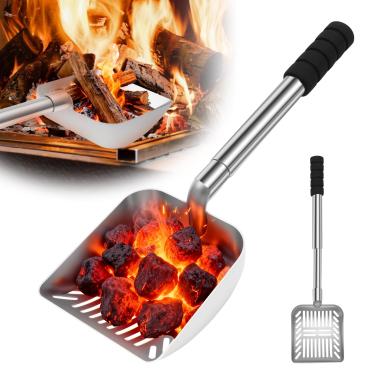 Imagem de Pá de lareira de 41 a 51 cm, ajustável, vazada, peneira de cinzas para fogão a lenha, lareira e fogueira, colher de carvão de metal resistente ao calor com alça ergonômica (prata, 1 peça)