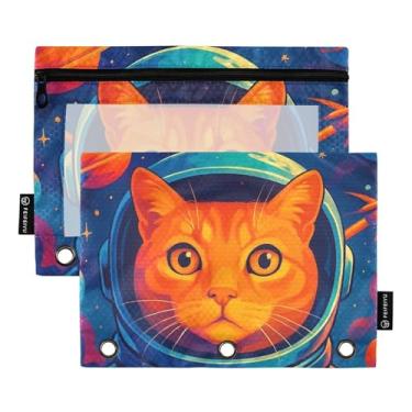 Imagem de GAIGEO Capacete de traje espacial vibrante para gatos com 3 anéis, bolsa para lápis, fichário com zíper, bolsas para estudantes, fichários escolares, bolsos transparentes, fofos, 25 x 18 cm, 2 pacotes